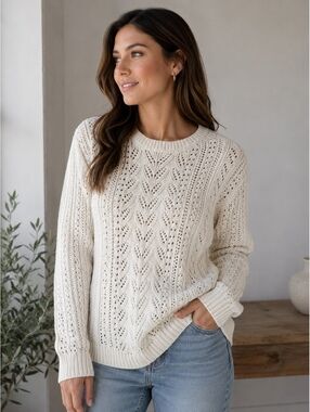 Evan-Picone Women’s White Open Knit Cotton Sweater Size L